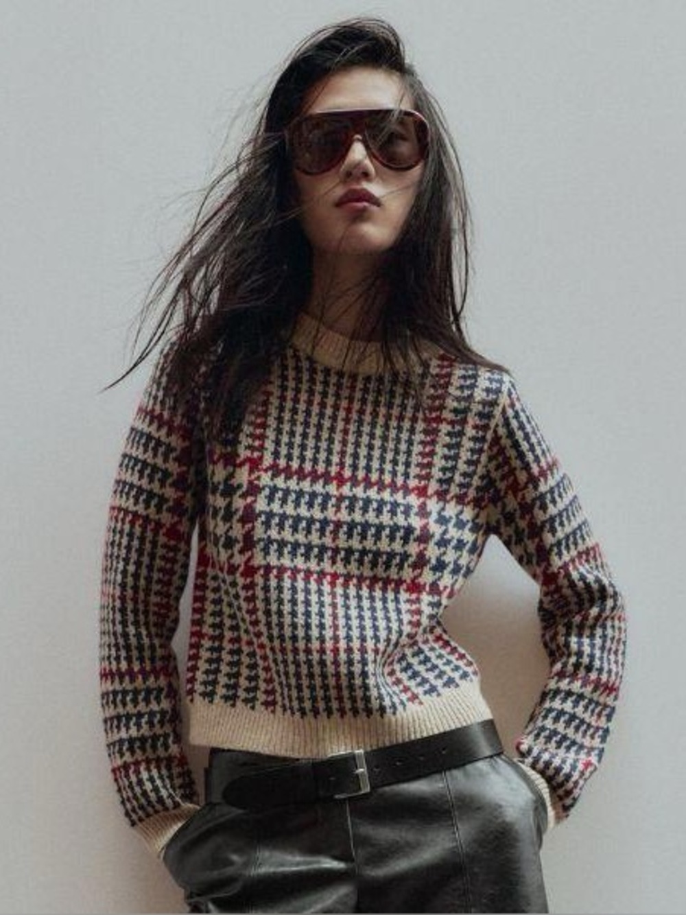 Zara Size M Houndstooth Wool Jumper Sweater Crewneck Pullover Knit Multicolour